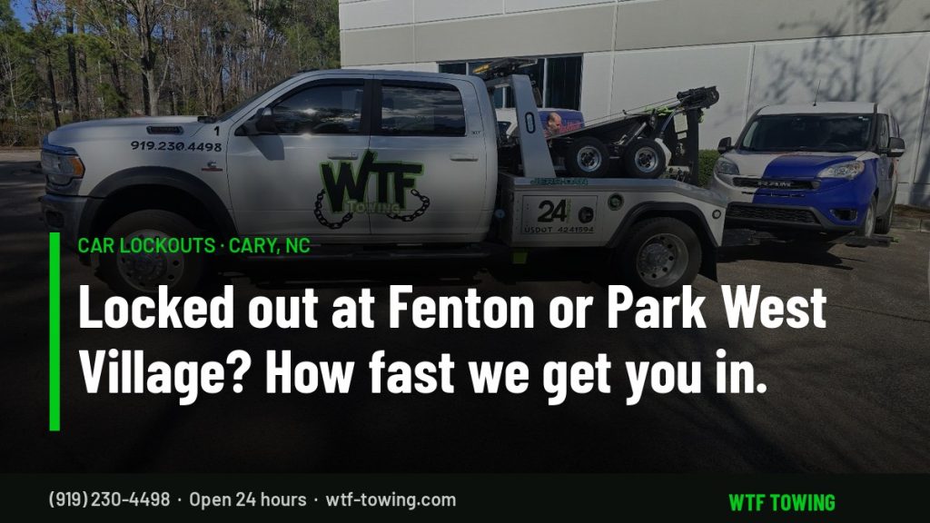 WTF Towing Ram wrecker on a commercial parking lot in Cary, NC — car lockout service at Fenton, Park West Village and other Cary and Morrisville lots