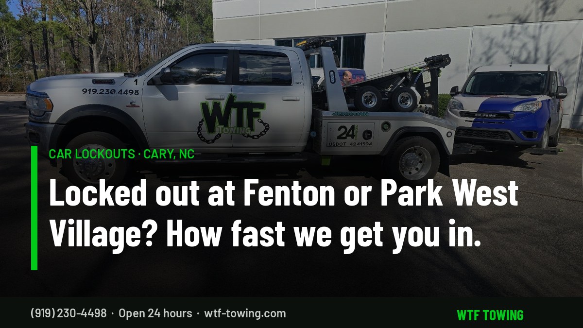 WTF Towing Ram wrecker on a commercial parking lot in Cary, NC — car lockout service at Fenton, Park West Village and other Cary and Morrisville lots