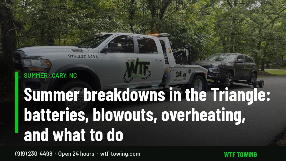WTF Towing wrecker towing an SUV on a Cary road — summer roadside assistance and towing