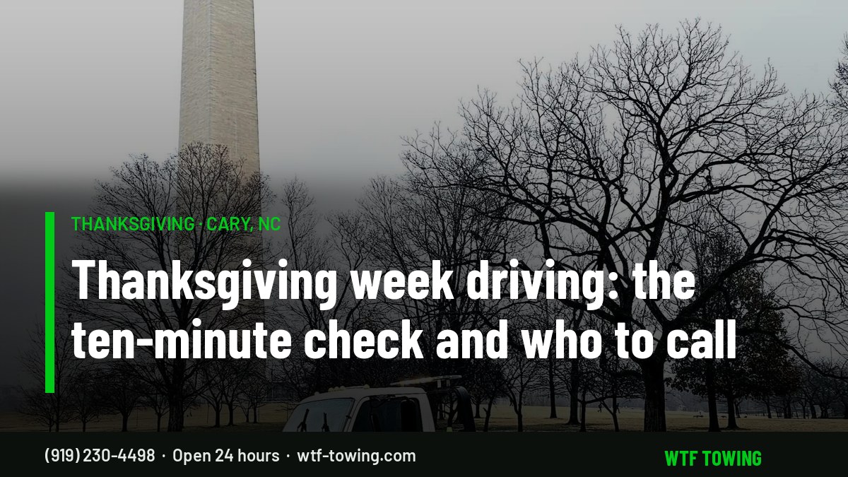 WTF Towing rollback on the highway — Thanksgiving week towing and roadside help in Cary, NC