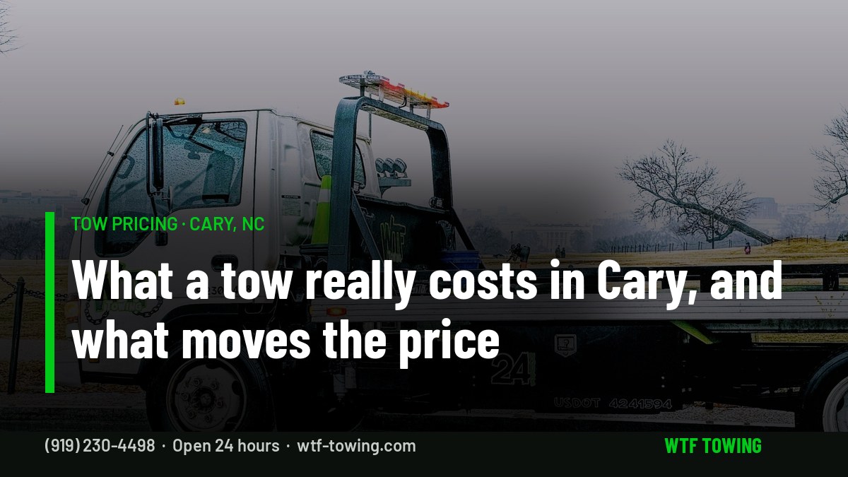 WTF Towing Isuzu rollback carrier on a wet road — what drives the cost of a tow truck in Cary, NC