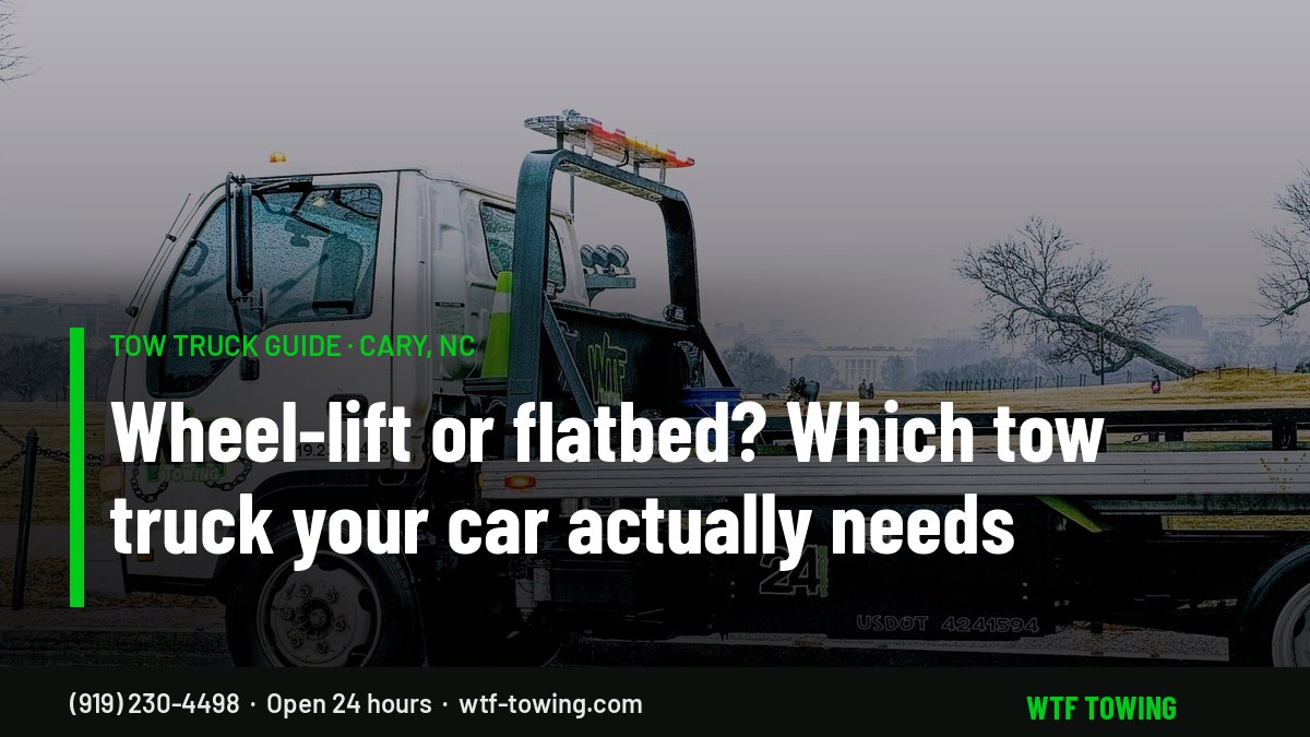 WTF Towing Isuzu rollback carrier on a wet road — tow truck types and which one your car needs in Cary, NC