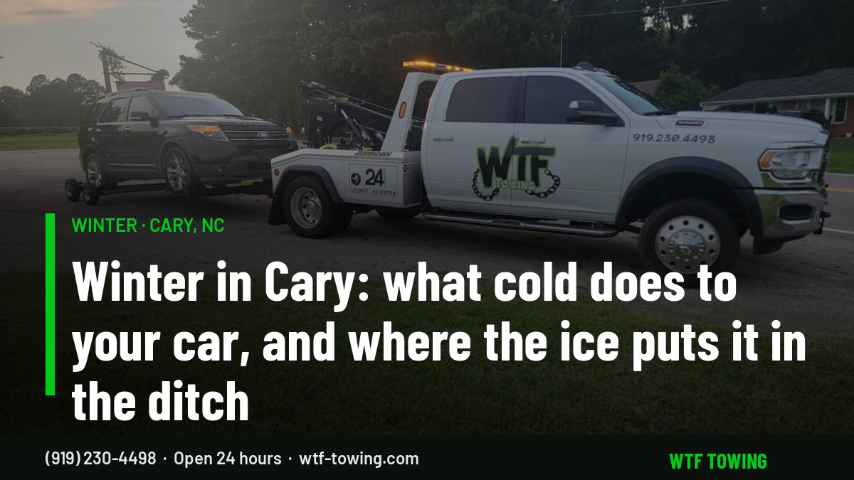 WTF Towing wrecker with a vehicle in tow — winter towing and winch-outs in Cary, NC