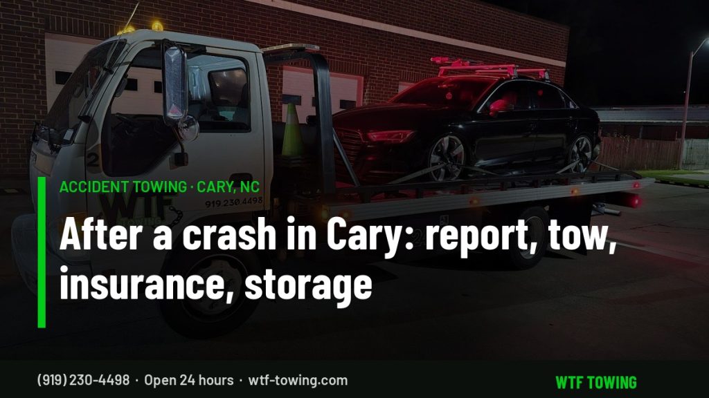 WTF Towing rollback carrying a sedan at night after a crash - accident towing in Cary, NC