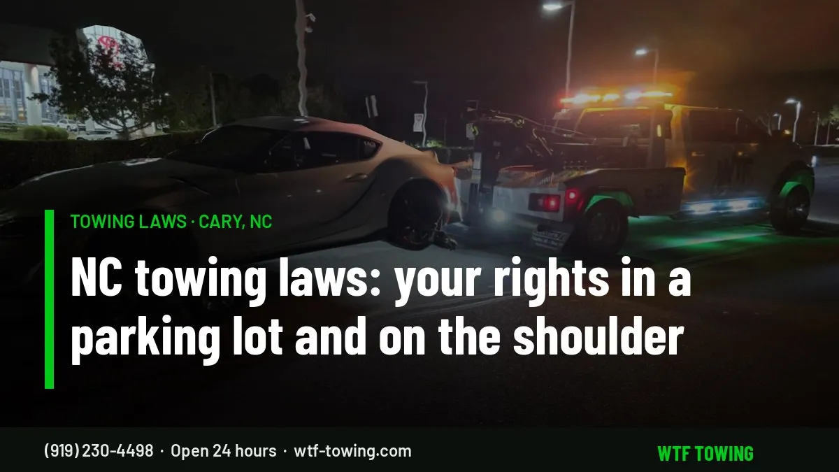 WTF Towing wrecker at night — North Carolina towing laws and your rights in Cary, NC