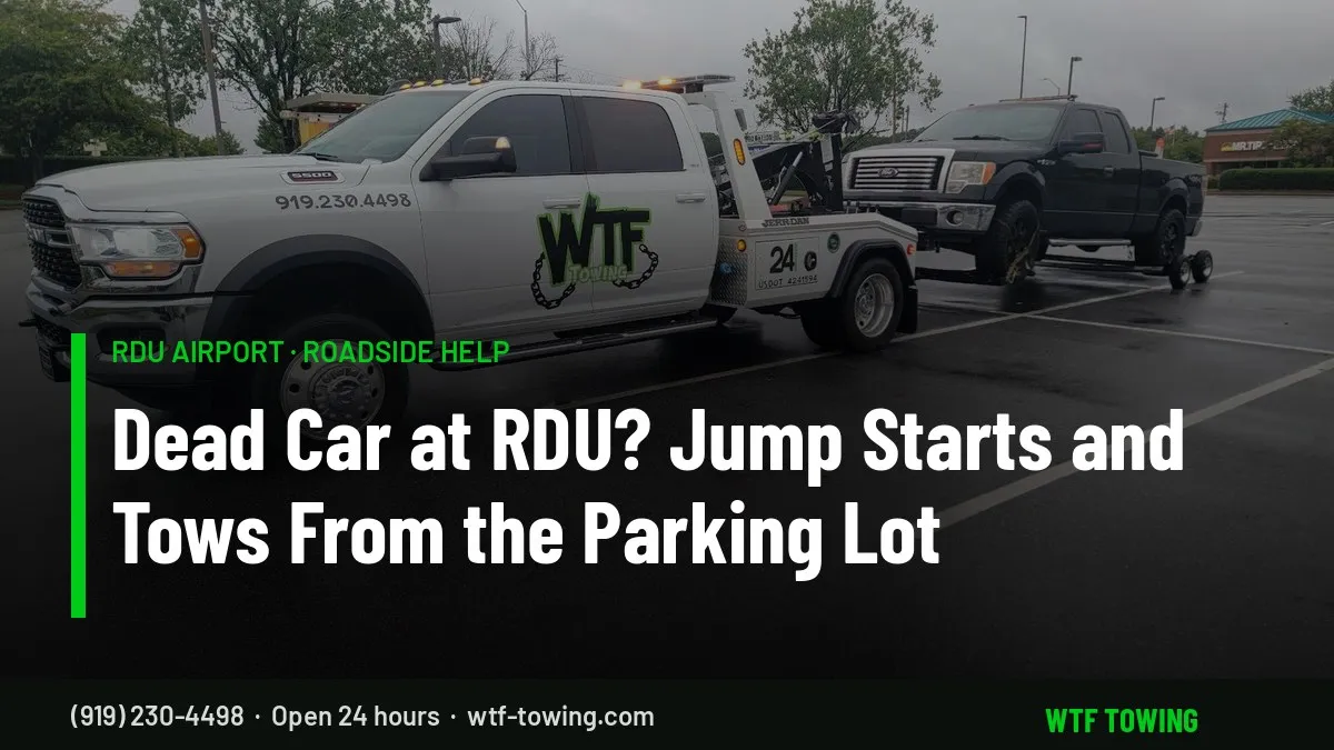 WTF Towing Ram wrecker hooking up a pickup in a parking lot — RDU Airport towing, jump starts and roadside help near Cary, NC