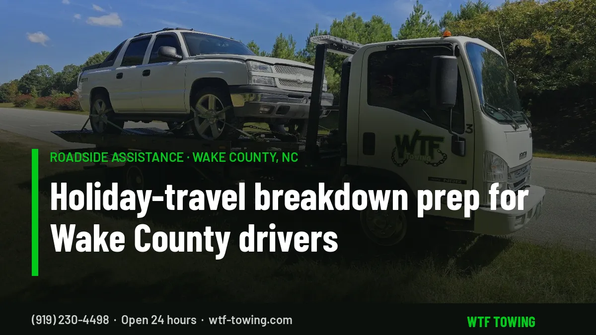 WTF Towing Isuzu rollback carrier with a white Chevy Avalanche loaded on its flatbed on a grassy roadside - holiday-travel breakdown prep and roadside assistance for Wake County drivers in Cary, NC