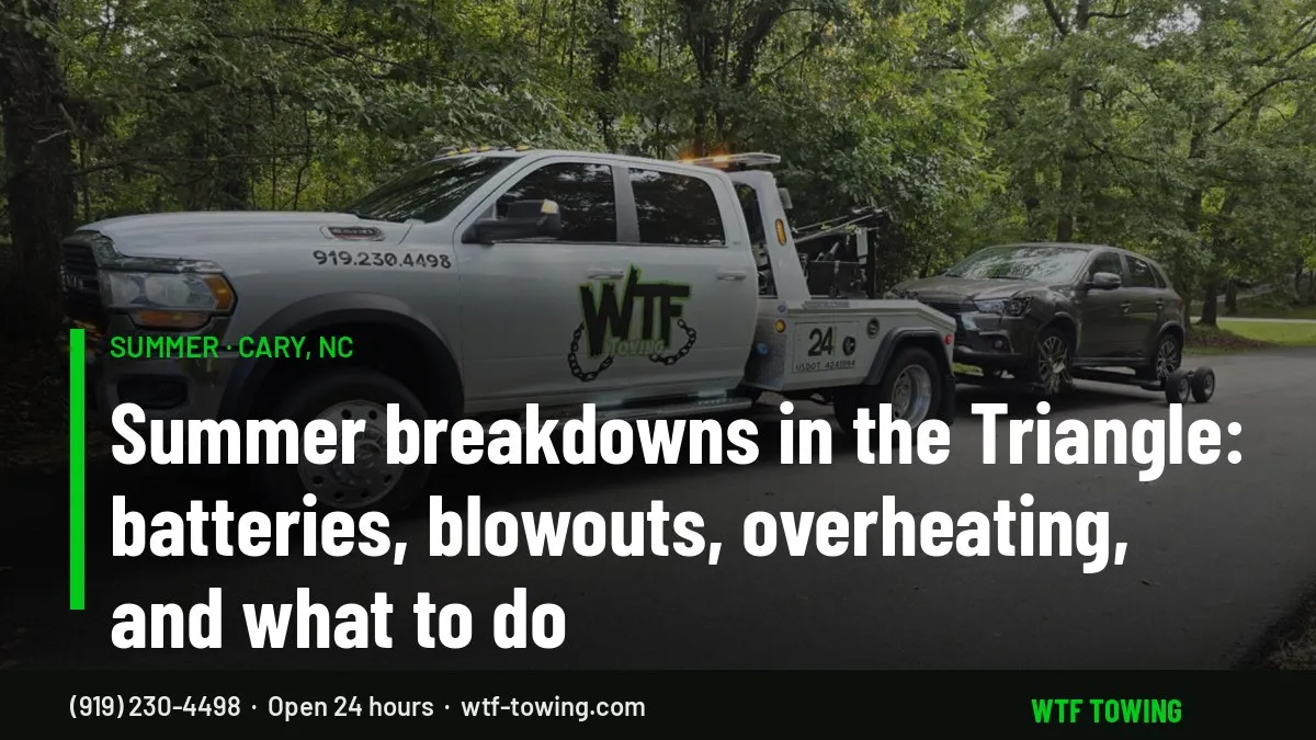 WTF Towing wrecker towing an SUV on a Cary road — summer roadside assistance and towing