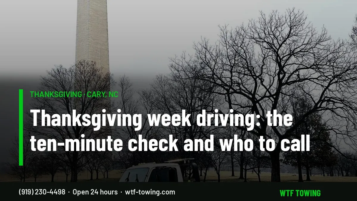 WTF Towing rollback on the highway — Thanksgiving week towing and roadside help in Cary, NC