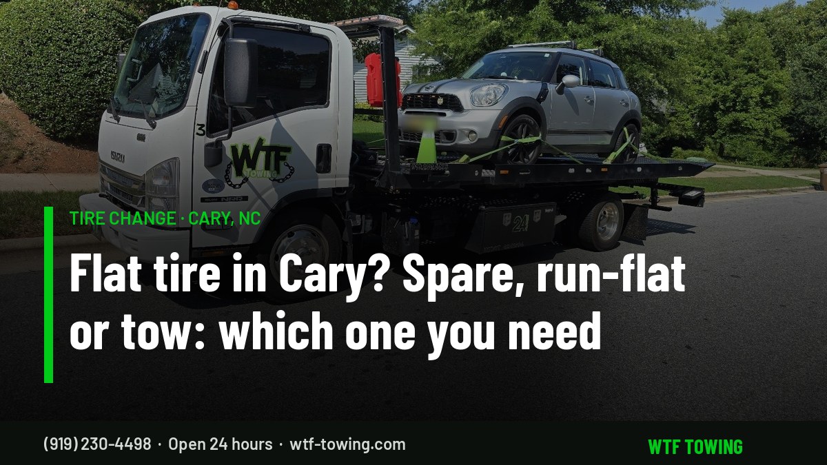 WTF Towing rollback carrier with a silver Mini strapped down on its flatbed on a neighborhood street - tire change service and flat tire towing in Cary, NC