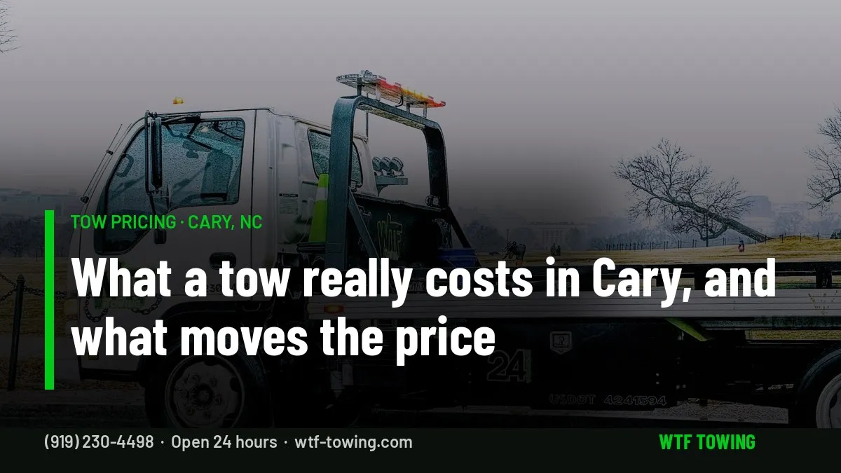 WTF Towing Isuzu rollback carrier on a wet road — what drives the cost of a tow truck in Cary, NC