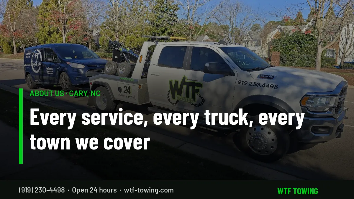 WTF Towing Ram wrecker towing a vehicle on a neighborhood street in Cary, NC, for a recap of WTF Towing services, trucks and service area